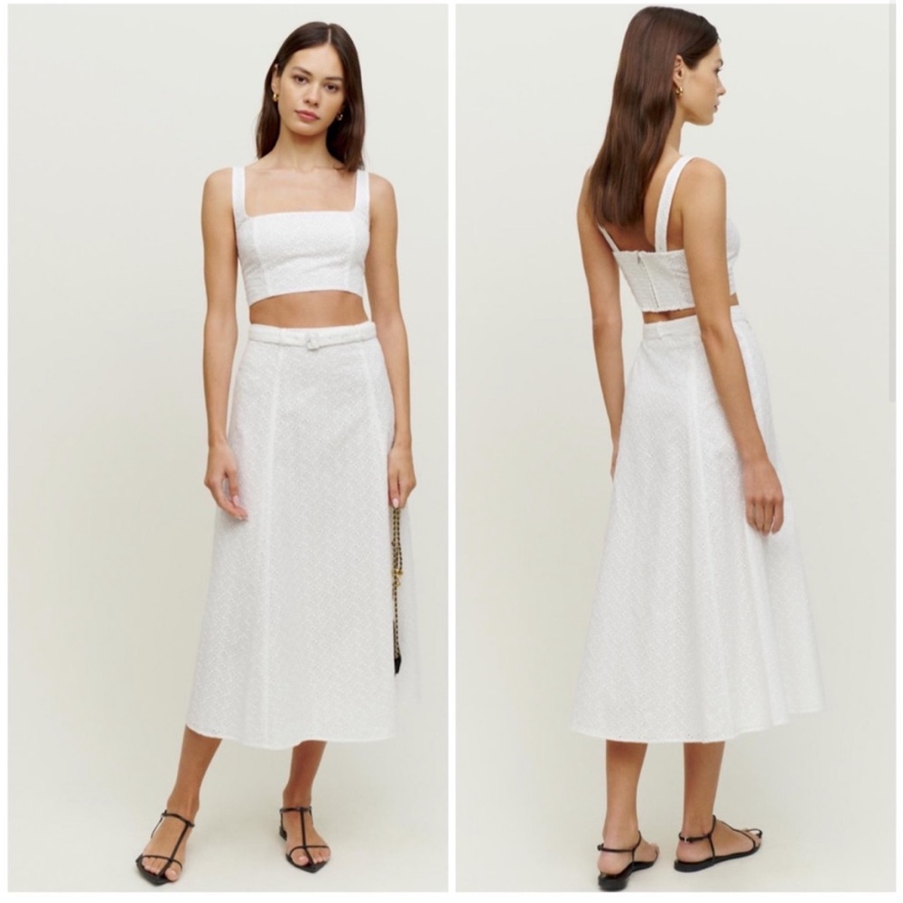 Reformation White Eyelet Midi Skirt